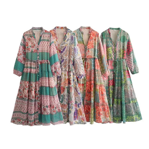 Damen Maxikleid mit Paisley‑Print, V‑Ausschnitt, Taillenband und Stufenrock Echo Archiv