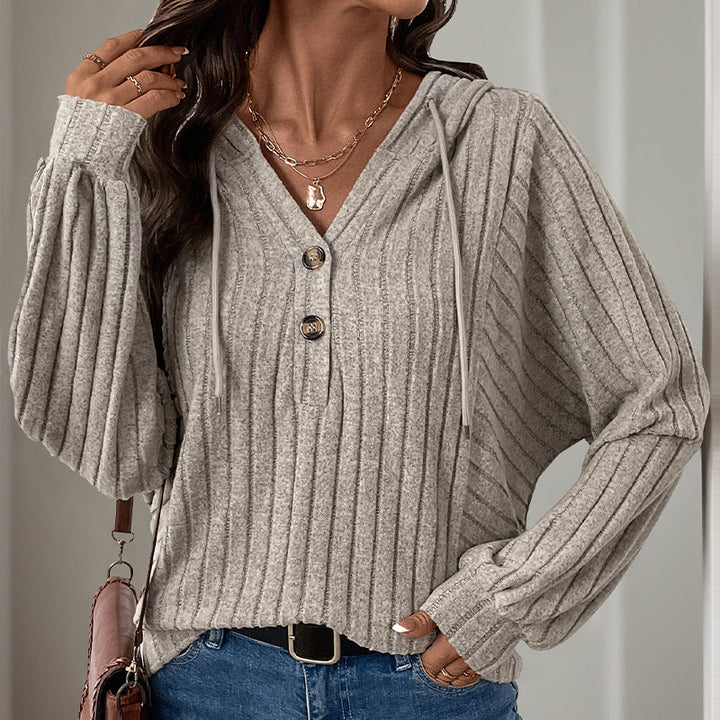 Damen Gerippter Kapuzenpullover mit Henley-Knopfleiste und leichter Cropped-Passform Echoarchiv