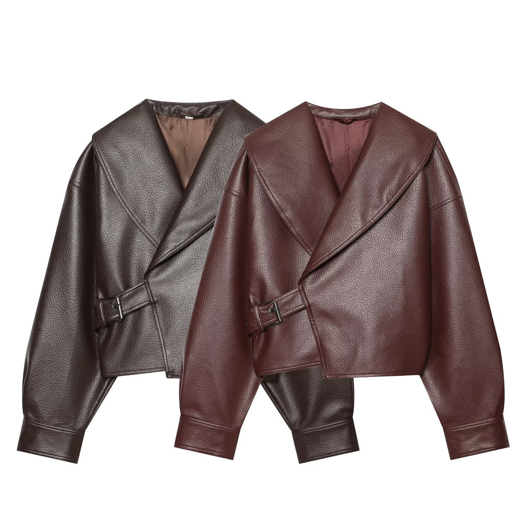Damen Kurzer Kunstlederblouson mit weitem Schalkragen und Taillenriegel Echo Archiv