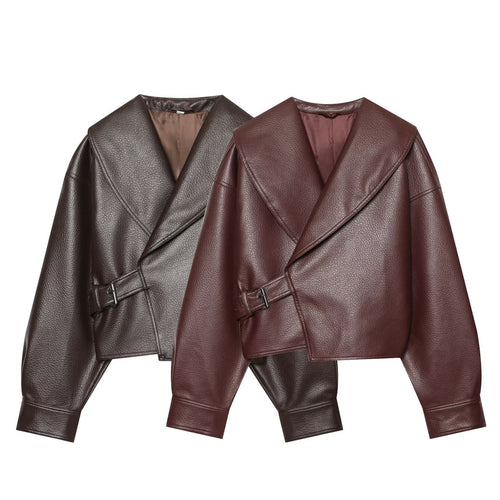 Damen Kurzer Kunstlederblouson mit weitem Schalkragen und Taillenriegel Echo Archiv