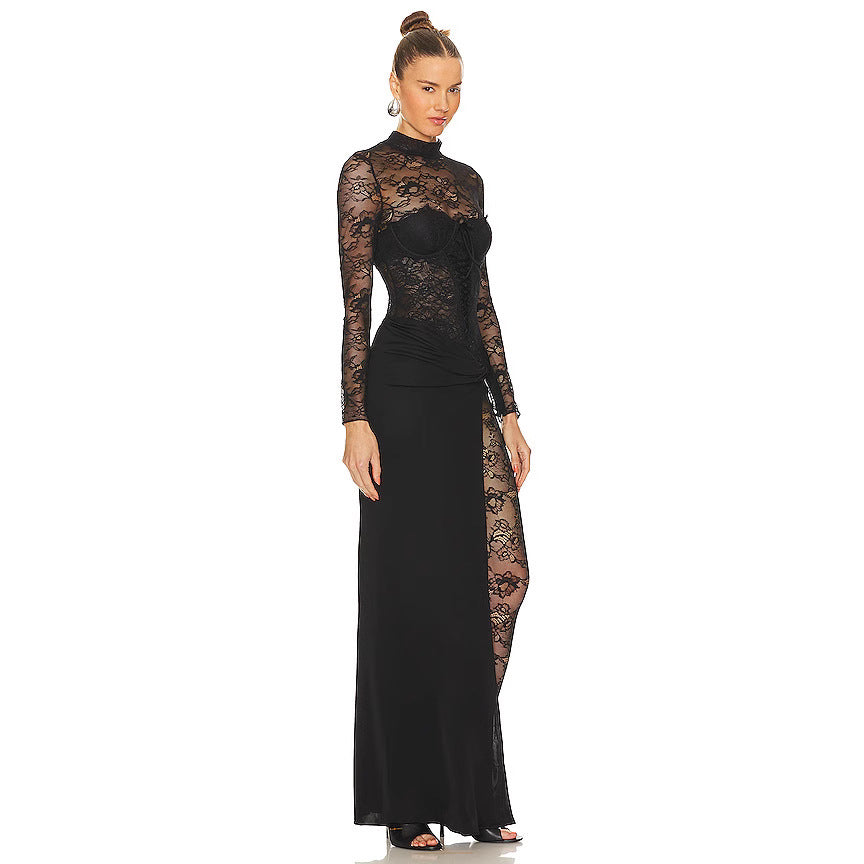 Damen Lange Spitze Kleid mit transparenten Einsätzen und elegantem Schlitz Echo Archiv