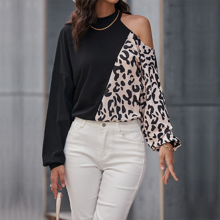 Damen Schulterfreies Sweatshirt mit Leoparden-Panel und Stehkragen Echoarchiv