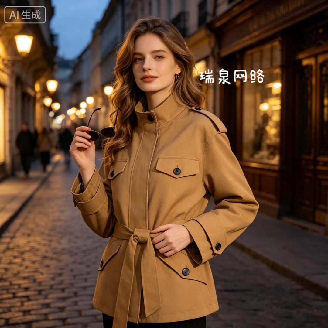 Damen Kurze Utility-Jacke mit Taillengürtel und Schulterklappen Echoarchiv