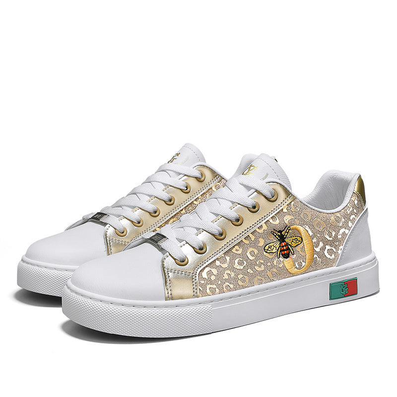 Damen verzierte Low-Top Sneaker mit Bienen-Stickerei und goldener Animal-Print-Optik Echo Archiv