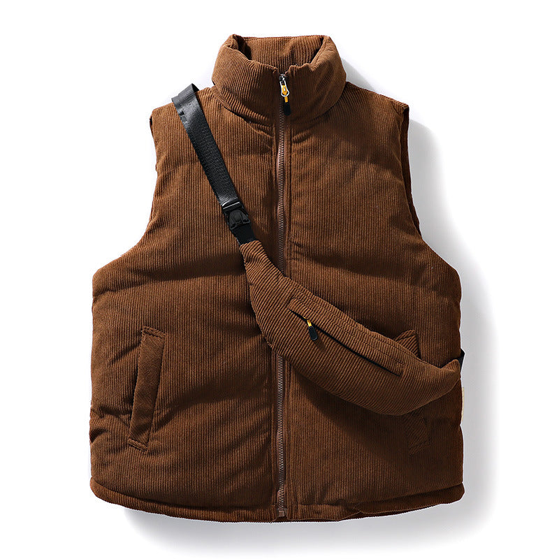 Herren Gepolsterte Feincord-Steppweste mit hohem Stehkragen und integrierter Crossbody-Gürteltasche Echoarchiv