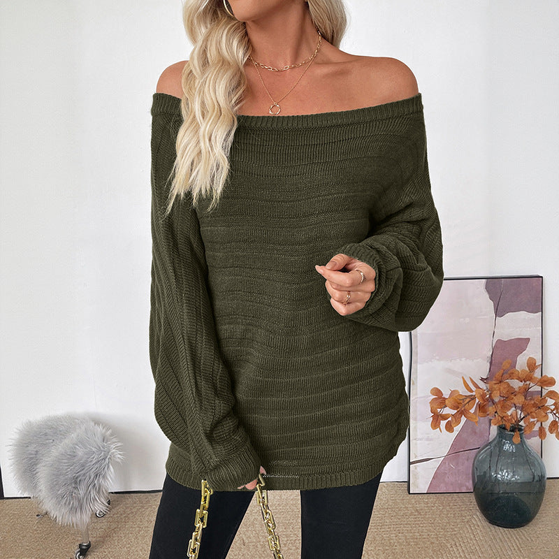 Damen Oversize Off-Shoulder Grobstrick-Tunika mit überschnittener Schulter und Ballonärmeln Echoarchiv