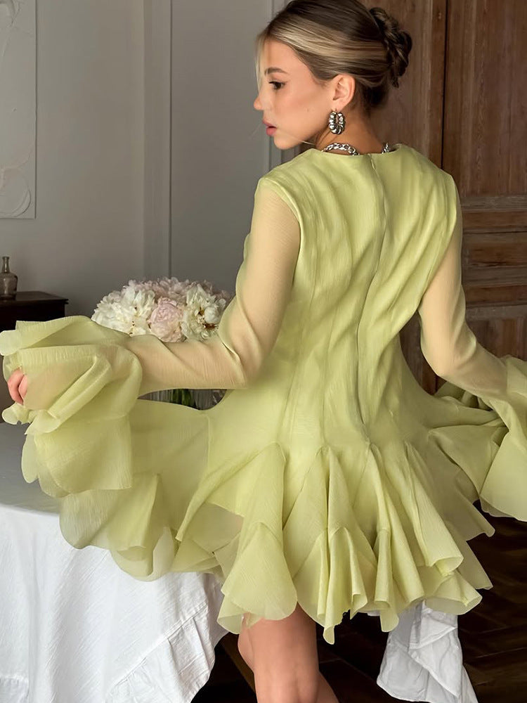 Damen Rüschen‑Chiffon‑Minikleid mit Volants und transparenten Ärmeln Echoarchiv