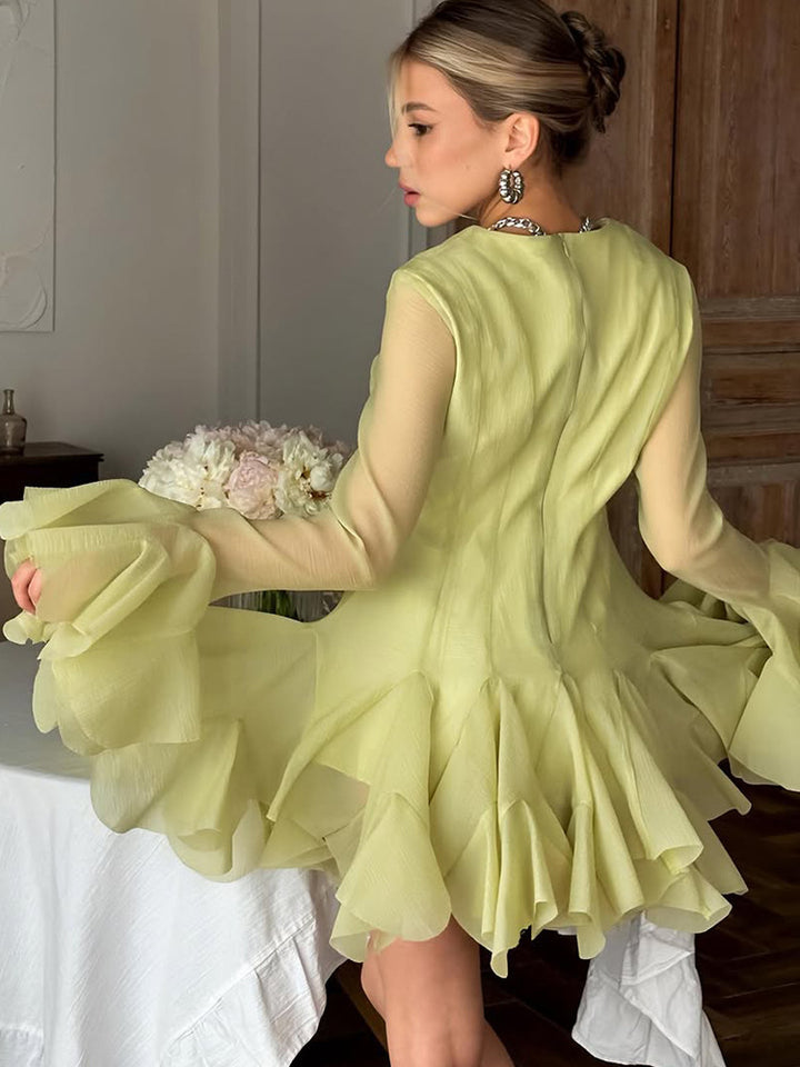 Damen Rüschen‑Chiffon‑Minikleid mit Volants und transparenten Ärmeln Echoarchiv