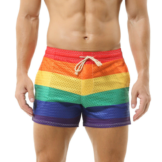 Herren Badeshorts mit atmungsaktivem Netzmaterial und buntem Regenbogenmuster Echoarchiv