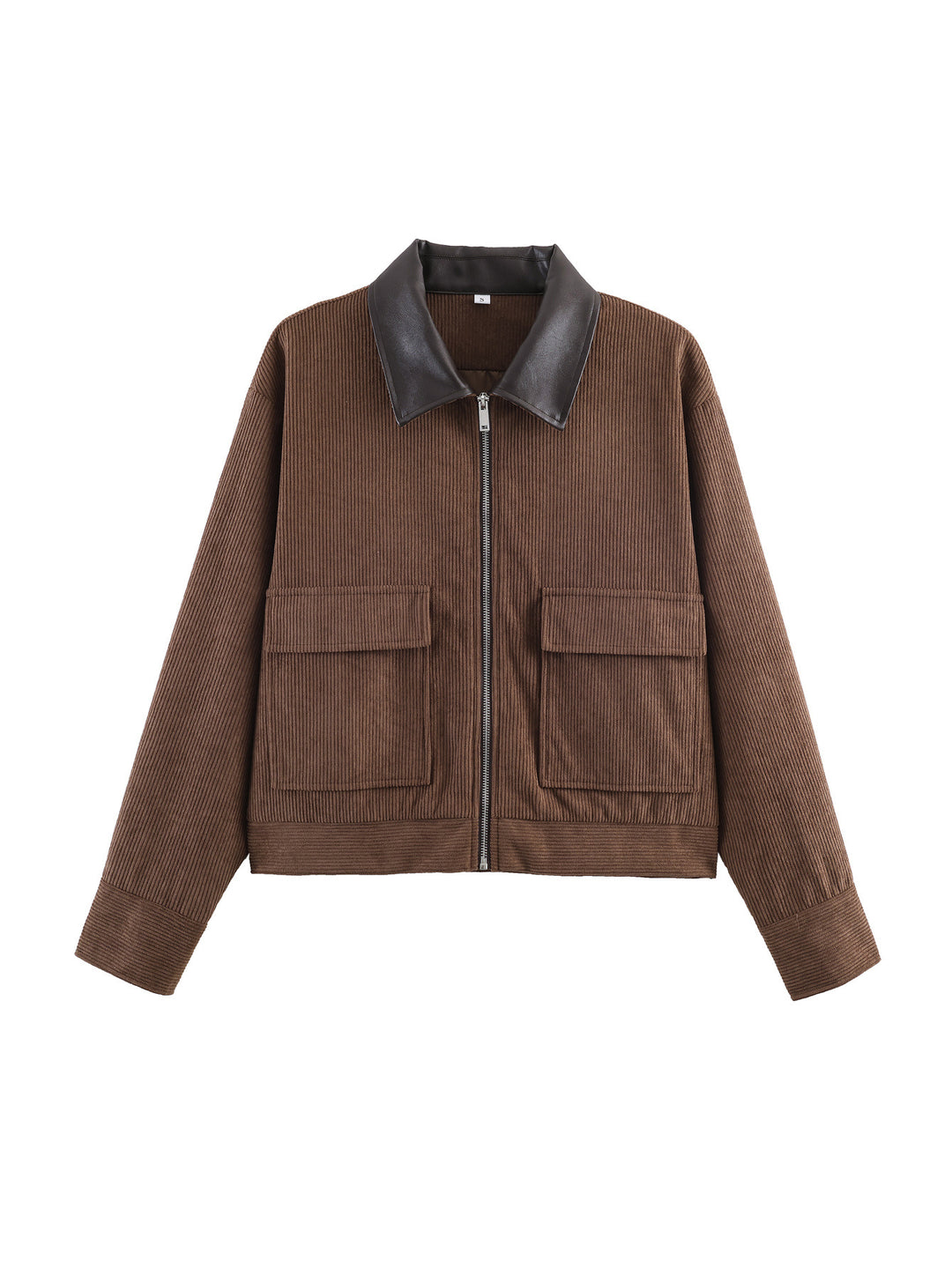 Damen Cropped-Kord-Strickjacke mit markanter Rippenstruktur, Kunstleder-Umlegekragen und Pattentaschen Echoarchiv