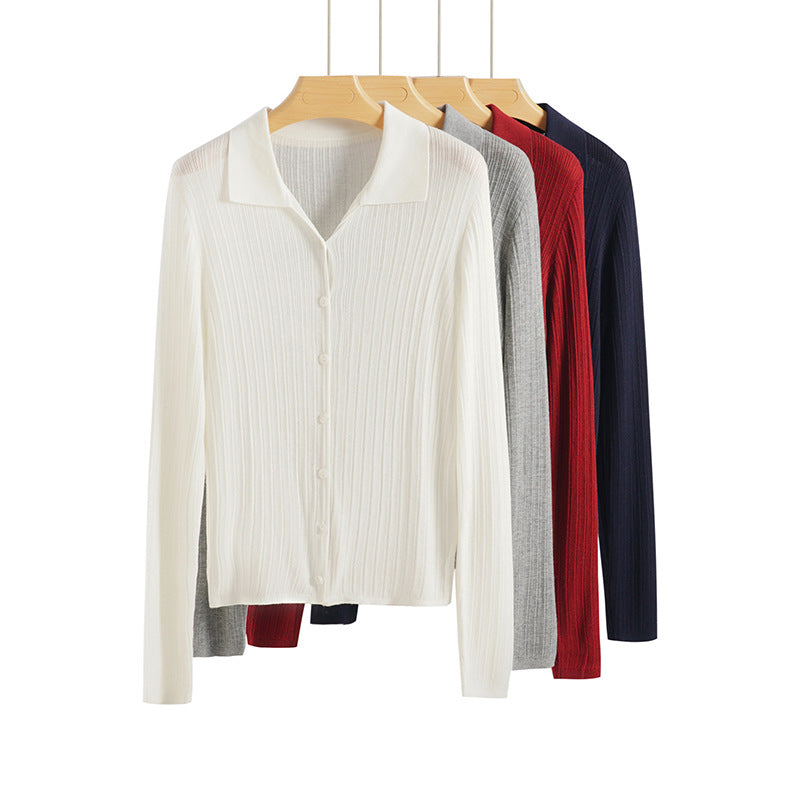 Damen Feinstrick-Cardigan mit Rippenstruktur, Knopfleiste und Polokragen Echo Archiv