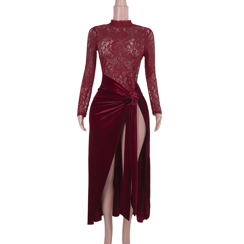 Damen Elegantes Maxi-Kleid mit Spitze und raffiniertem Taillengürtel Echo Archiv