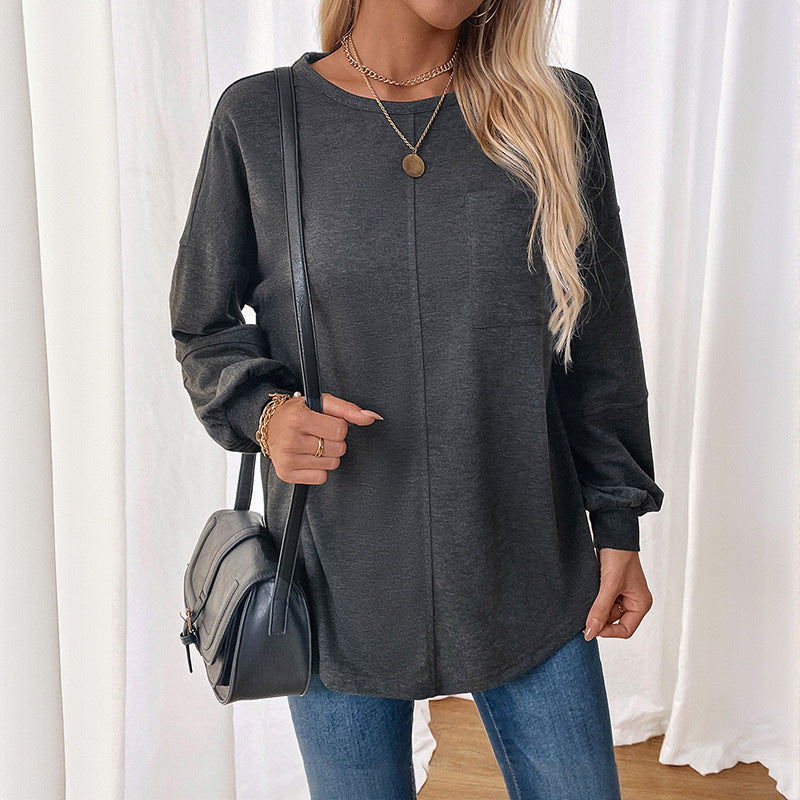 Damen Lässiges Langarm-Jerseyshirt mit Mittiger Ziernaht, Rundhals & abgerundetem Saum – Avérine