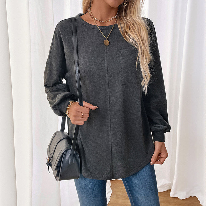 Damen Lässiges Langarm-Jerseyshirt mit Mittiger Ziernaht, Rundhals & abgerundetem Saum – Avérine
