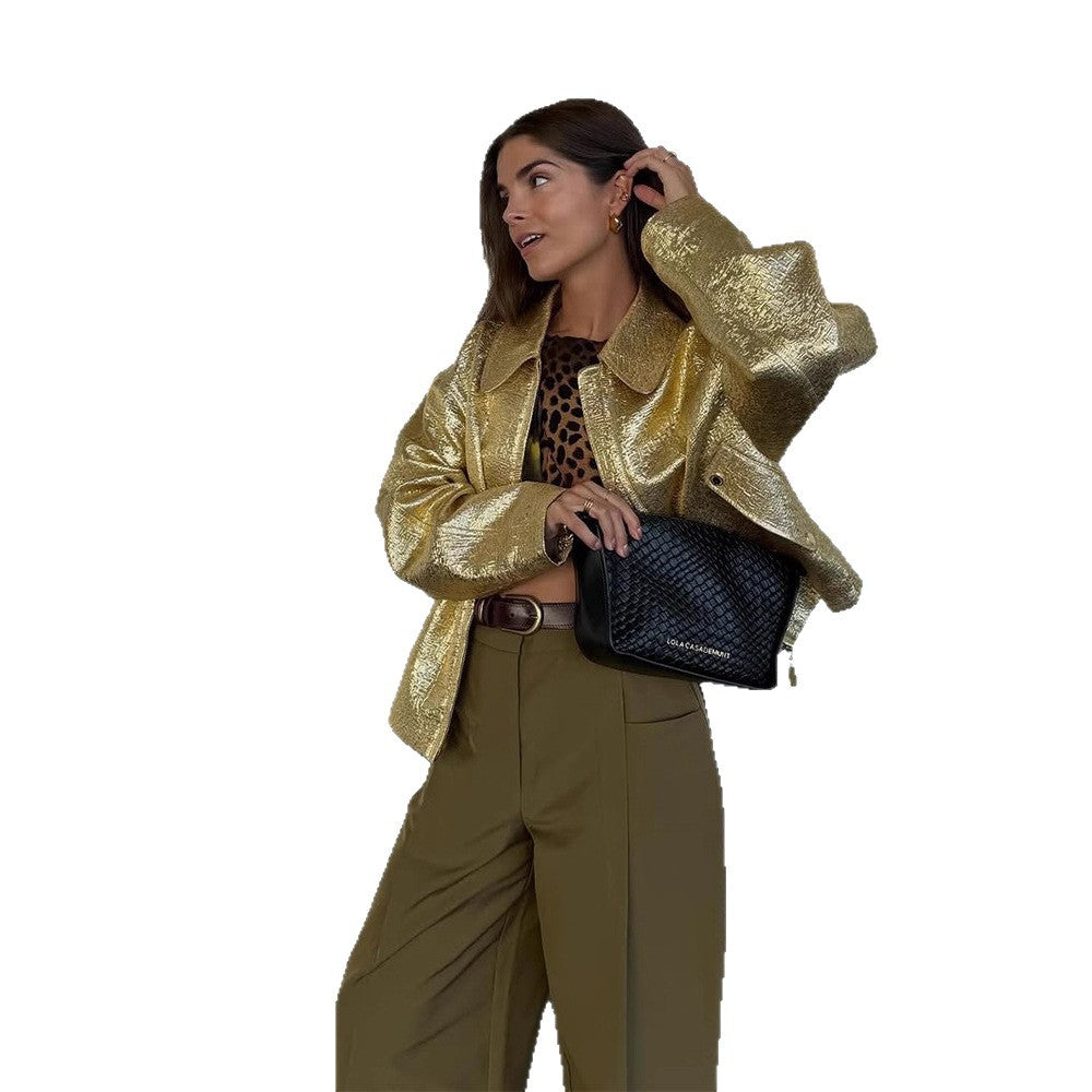 Damen Kurze strukturierte Metallic-Bomberjacke mit Boxy‑Silhouette Echoarchiv