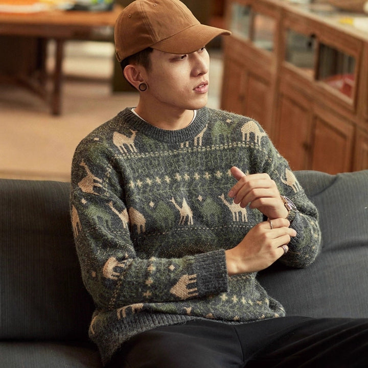 Herren Strickpullover mit Kamel-Jacquardmuster und geripptem Saum Echoarchiv
