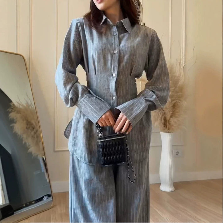 Damen Leichtes Leinen-Loungewear-Set mit Oversize-Hemd und weiter Bundhose Echoarchiv