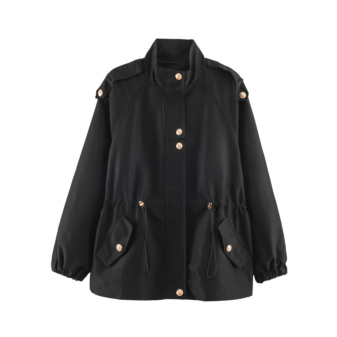Damen Kurzjacke im Utility‑Stil mit Tunnelzug, Raglanärmeln und Metallknopfleiste Echoarchiv