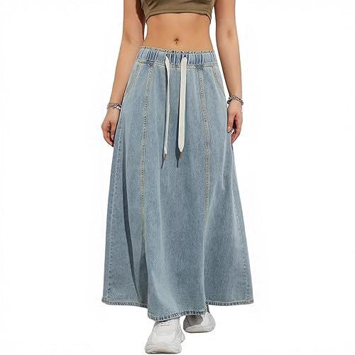 Damen Langer A-Linien Jeansrock mit elastischem Bund und Kordel Echoarchiv