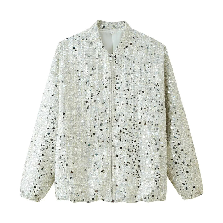 Damen schimmernde Pailletten-Boxy-Jacke mit Stehkragen, verdecktem Reißverschluss und elastischen Bündchen – Célinea