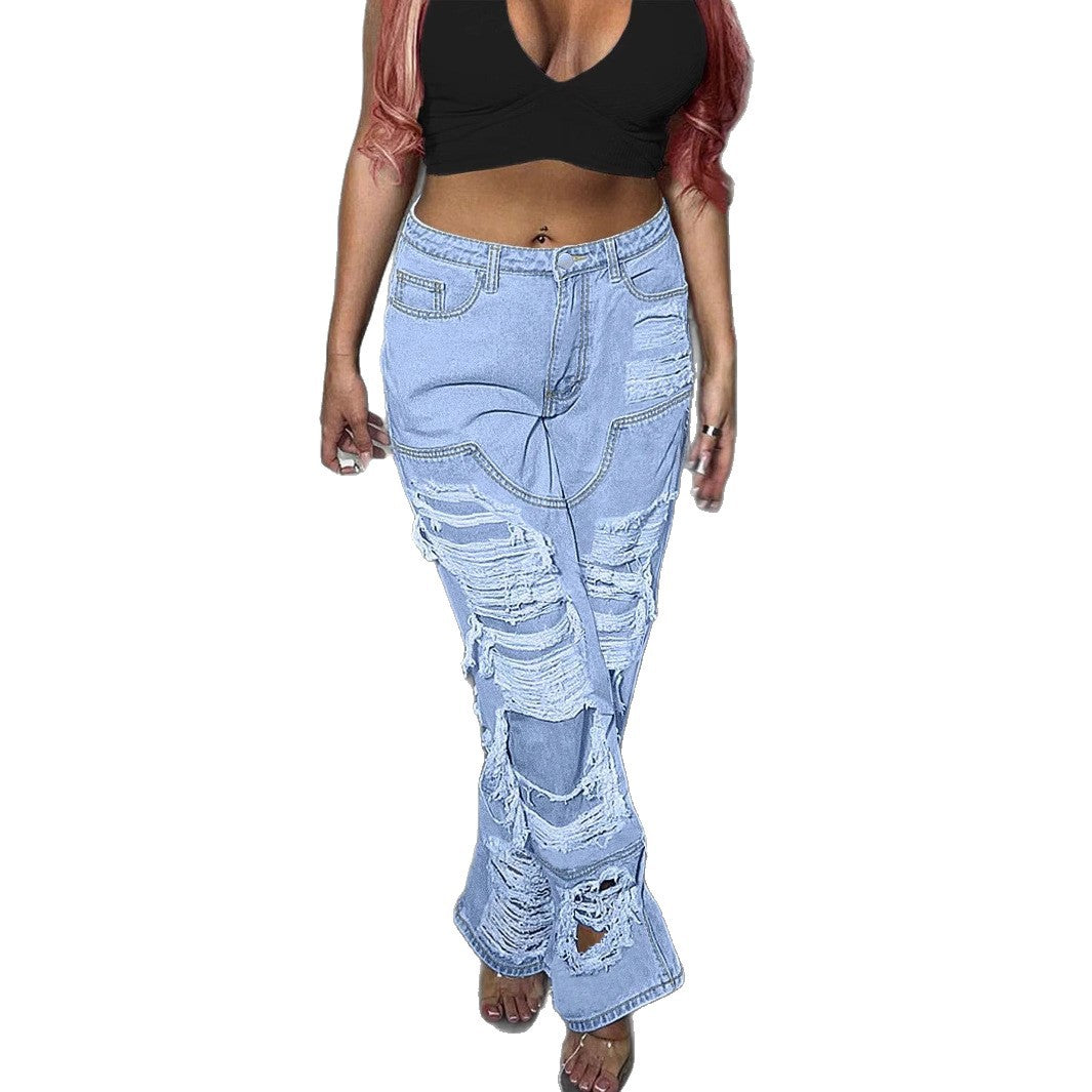 Damen Stark zerrissene Wide-Leg Denim-Jeans mit Fransen-Details Echo Archiv