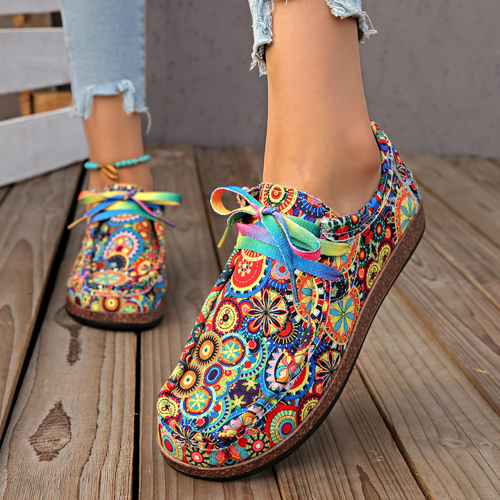 Damen Ethno‑Mokassin‑Sneaker mit bunter Stickerei und Kork‑Optik Echo Archiv
