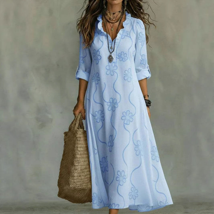 Damen Langes Boho-Maxikleid mit Blumenstickerei und V‑Ausschnitt Echoarchiv