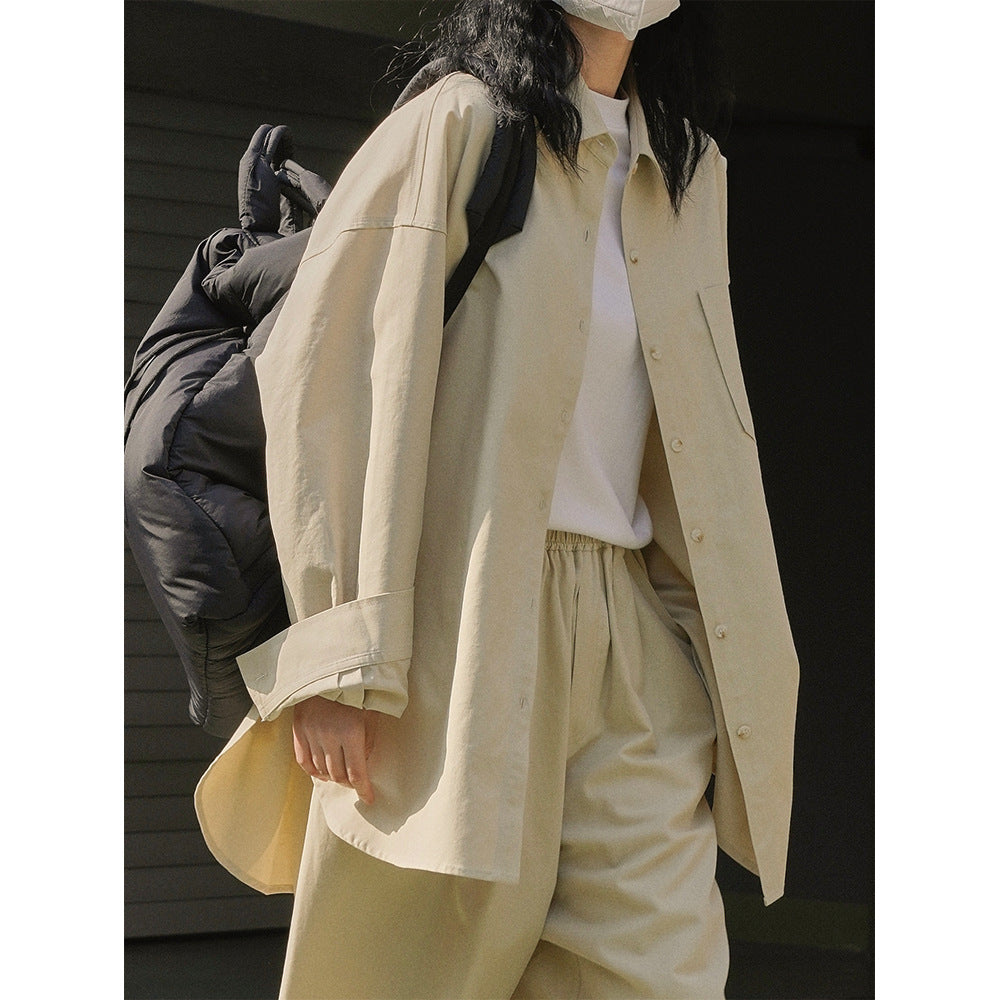 Damen Oversize-Hemdjacke mit kastiger Silhouette und High-Waist Elastbund-Hose im Set Echoarchiv