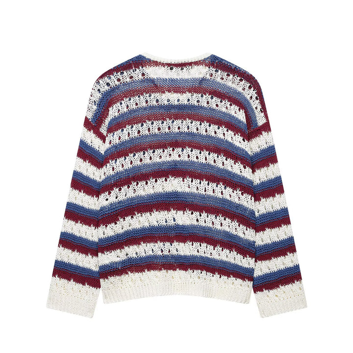 Damen gestrickte Cardigan im Ajour‑Streifenmuster mit Knopfleiste und Rundhalsausschnitt Echo Archiv