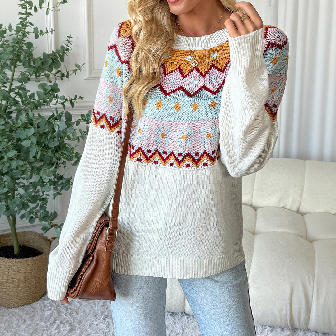 Damen Gemusterter Strickpullover mit Rundhalsausschnitt und Fair-Isle-Motiv Echoarchiv
