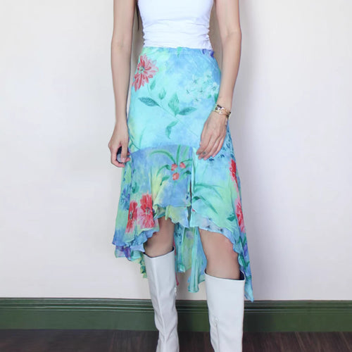 Damen asymmetrischer Rüschenrock aus floralem Chiffon Echo Archiv