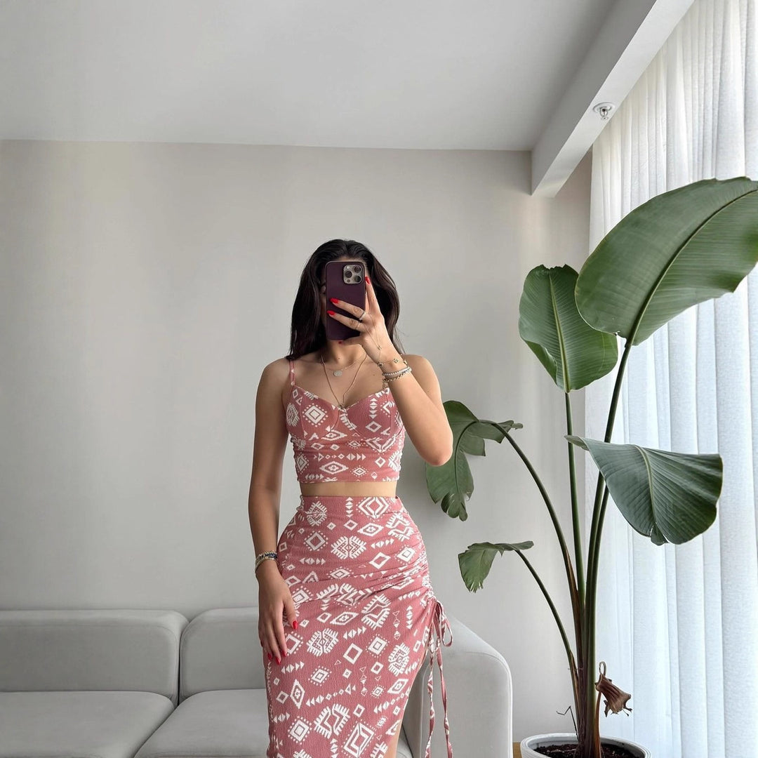 Damen Set aus Crop-Top und Knielangem Rock mit Raffungen Echo Archiv