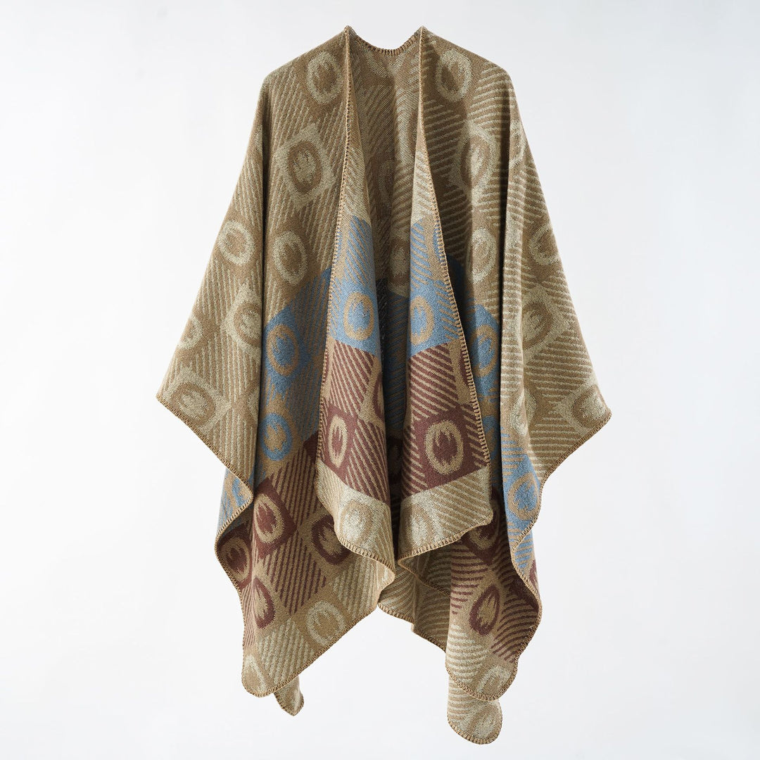 Damen Jacquard-Wickelponcho aus feinem Strick mit grafischem Kreis-Jacquard und offener Kimono-Silhouette – Veloura