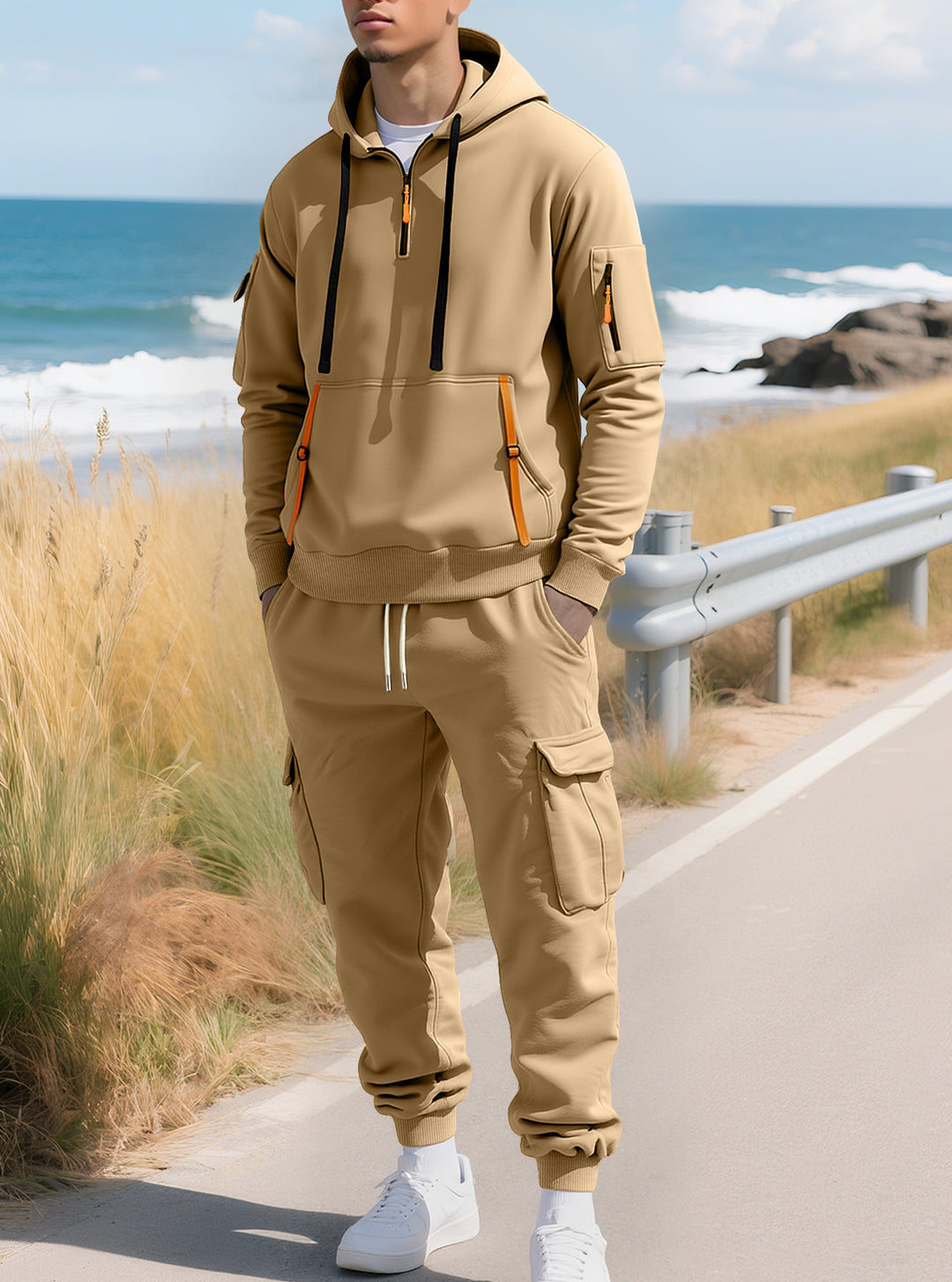 Herren nan lässiger Halbzip Hoodie mit Kängurutasche und Cargo Jogginghose mit Reißverschlussdetails Echo Archiv