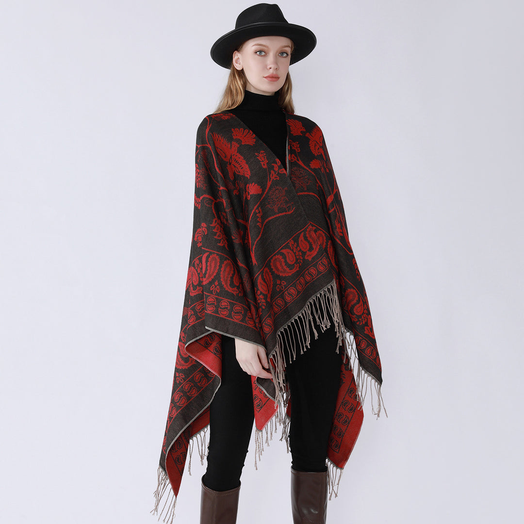 Damen Jacquard-Poncho im Oversize-Kaftan mit floraler und Vogelornamentik Echo Archiv