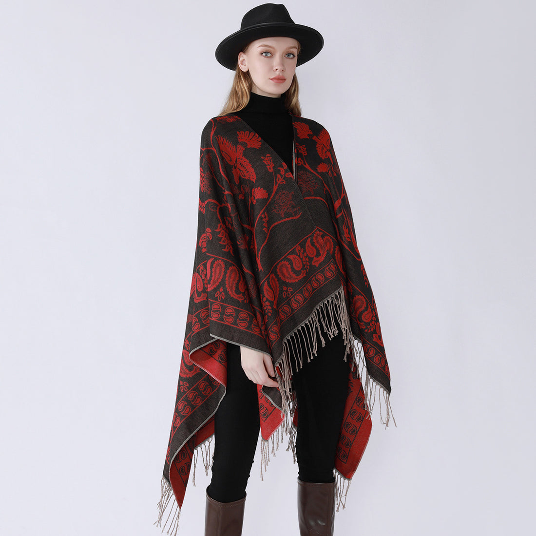 Damen Jacquard-Poncho im Oversize-Kaftan mit floraler und Vogelornamentik – Célinea