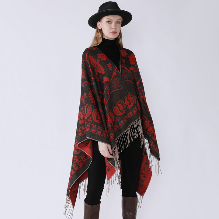 Damen Jacquard-Poncho im Oversize-Kaftan mit floraler und Vogelornamentik Echo Archiv