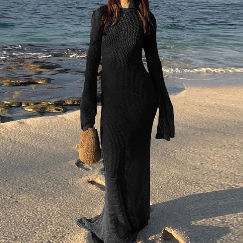 Damen Häkel-Strandmaxikleid mit weitem Schnitt und eleganten Glockenärmeln Echo Archiv