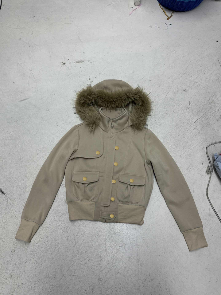 Damen Kurzgeschnittene Utility-Bomberjacke mit Stehkragen Kapuze und Kunstfellbesatz Echo Archiv