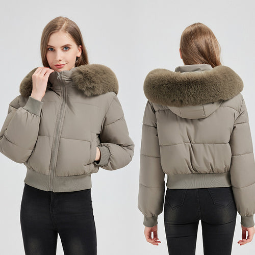 Damen Kurz‑Bomber‑Pufferjacke mit Kapuze und abnehmbarem Kunstfellkragen Echo Archiv