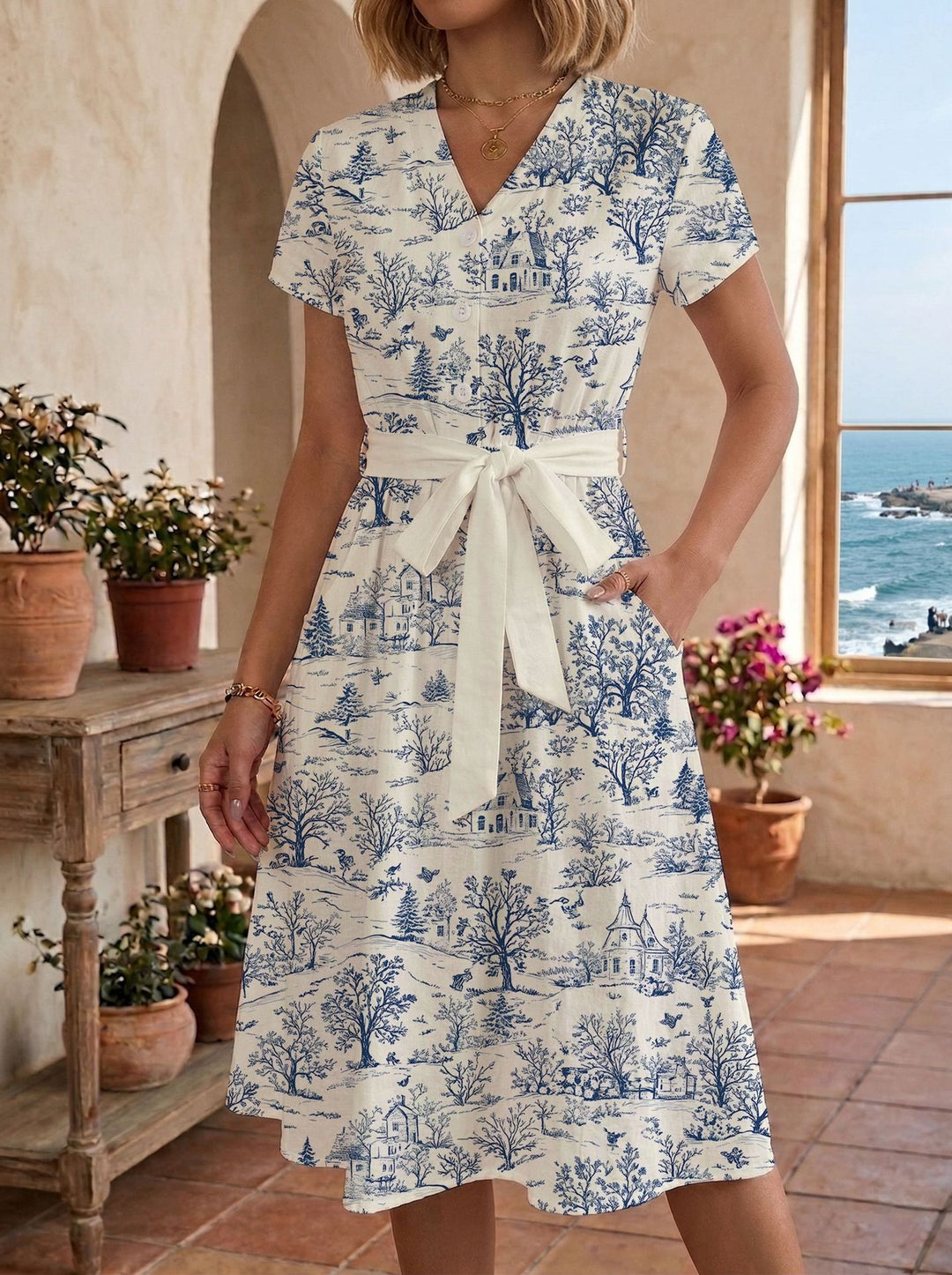 Damen Sommerliches Kleid mit taillierbarem Bindegürtel und floralem Muster Echo Archiv
