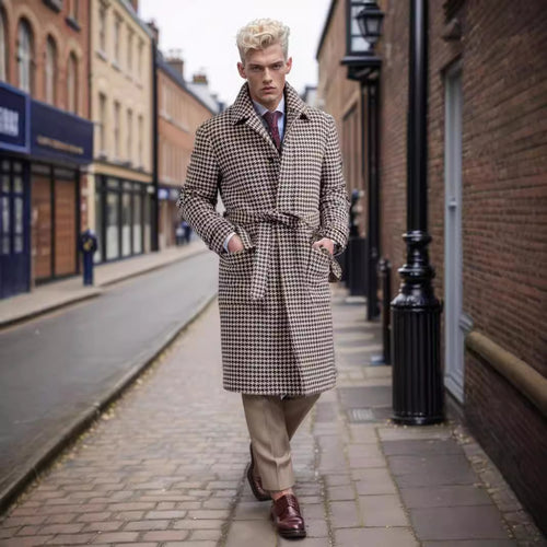 Herren eleganter Trenchcoat mit Schalkragen und Gürtel Echoarchiv