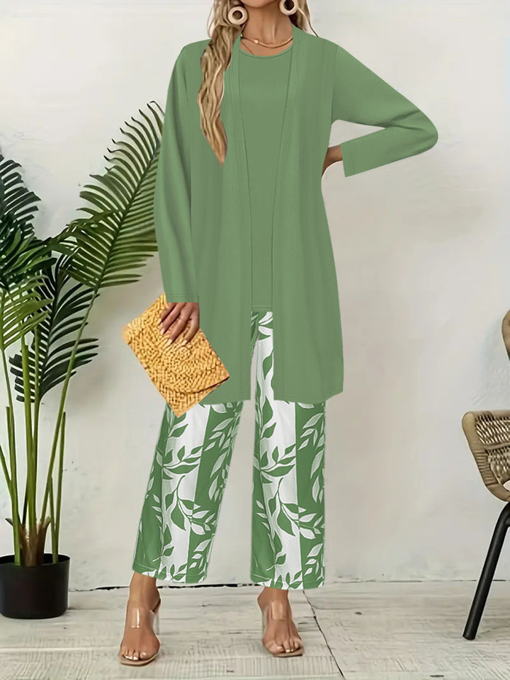 Damen Zweiteiler Offener Longcardigan mit Langarm und Palazzo‑Hose mit Blattprint – Élanora