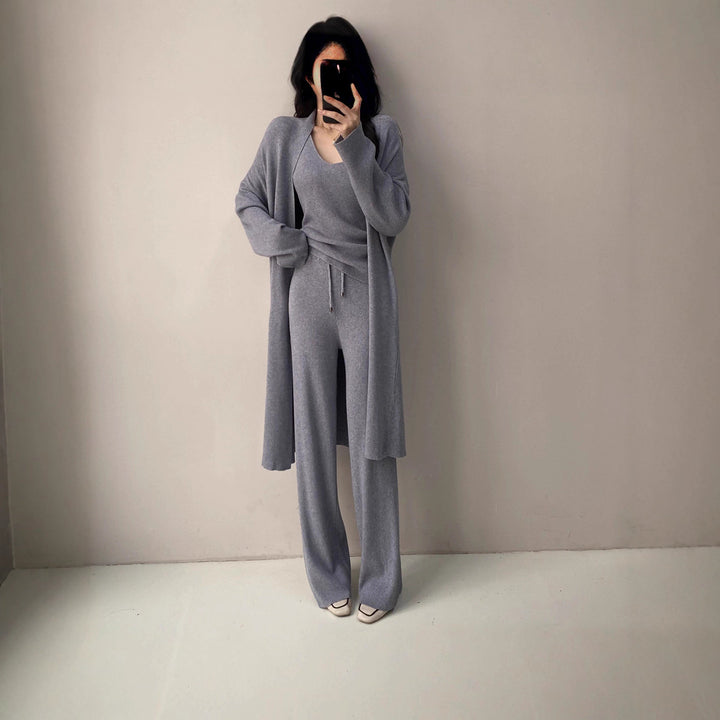 Damen Feinstrick-Loungewear-Set mit Longcardigan, Ripp-Top und weitem Strickhose Echoarchiv