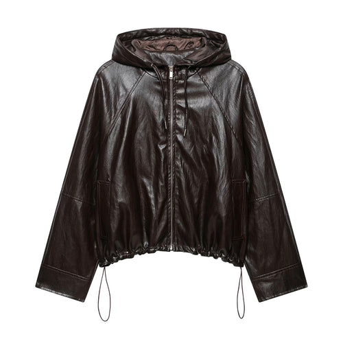 Damen kurze Kapuzen‑Lederoptikjacke mit Tunnelzug Raglanärmeln und Reißverschluss Echo Archiv