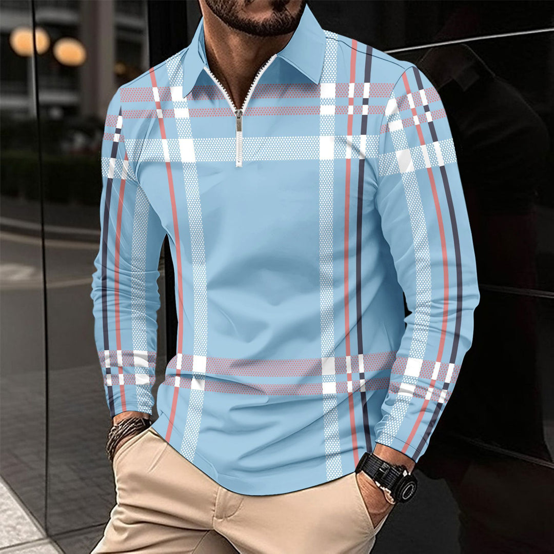 Herren modisches Langarmshirt mit modernem Zip-Kragen und auffälligem Karomuster Echoarchiv