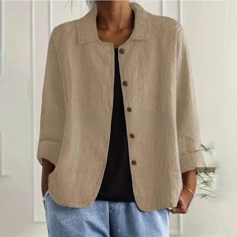 Damen Oversized Leinen-Hemdjacke mit Hemdkragen, 3/4-Ärmeln und durchgehender Knopfleiste Echo Archiv