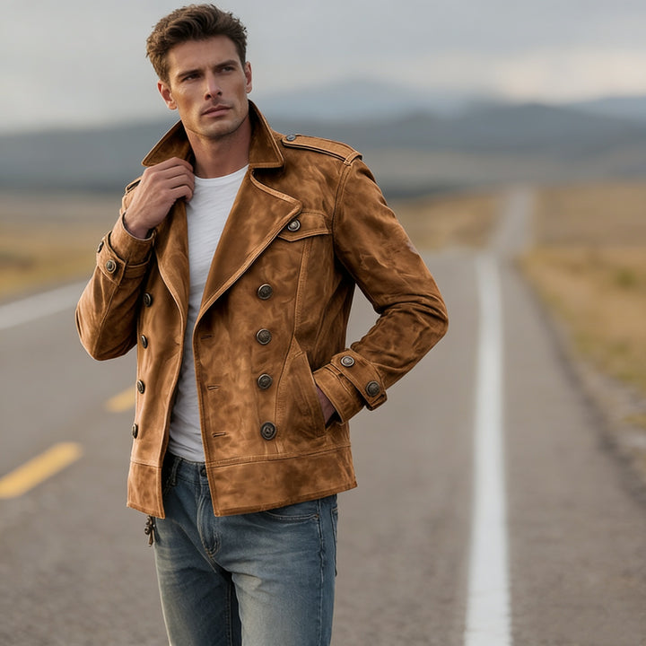 Herren nan doppeltreihige Vintage-Lederjacke mit Reverskragen und Schulterpatten Echo Archiv