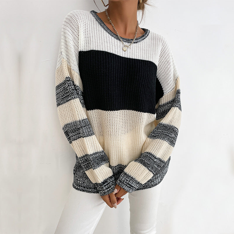 Damen Oversize Strickpullover mit grobem Rippstrick, Blockstreifen und weitem Rundhalsausschnitt Echoarchiv