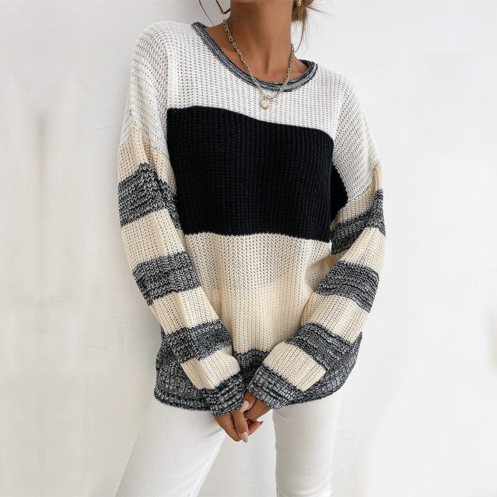 Damen Oversize Strickpullover mit grobem Rippstrick, Blockstreifen und weitem Rundhalsausschnitt Echoarchiv